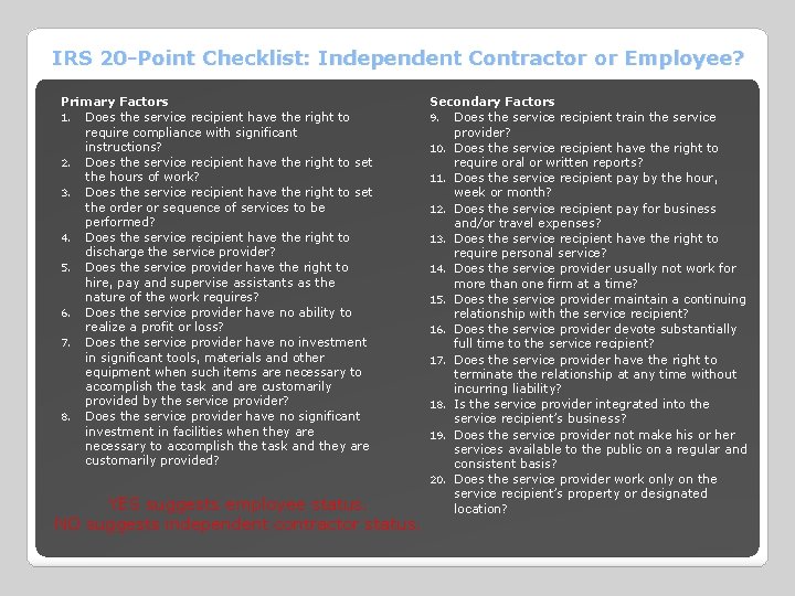 IRS 20 -Point Checklist: Independent Contractor or Employee? Primary Factors 1. Does the service