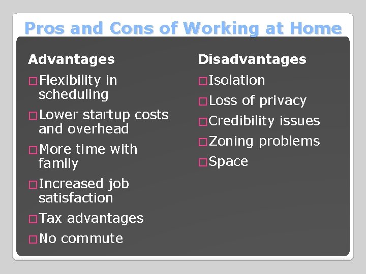 Pros and Cons of Working at Home Advantages Disadvantages �Flexibility in �Isolation scheduling �Lower