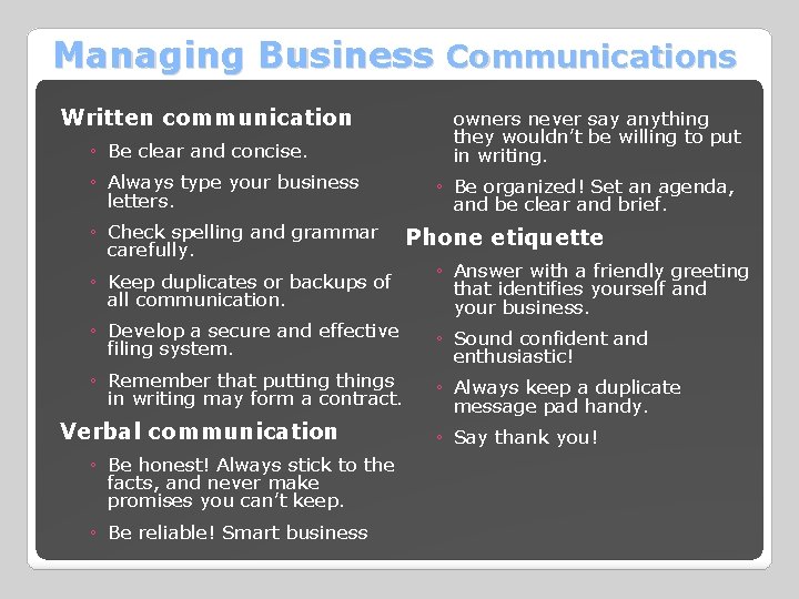 Managing Business Communications Written communication owners never say anything they wouldn’t be willing to