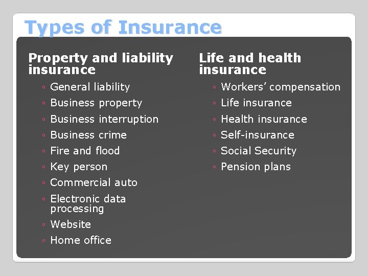 Types of Insurance Property and liability insurance Life and health insurance ◦ General liability
