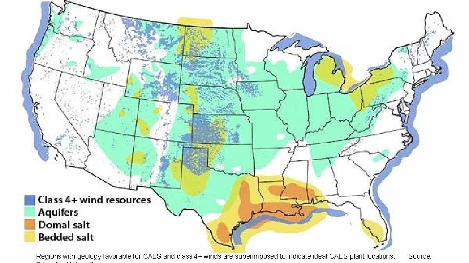 Regions with geology favorable for CAES and class 4+ winds are superimposed to indicate