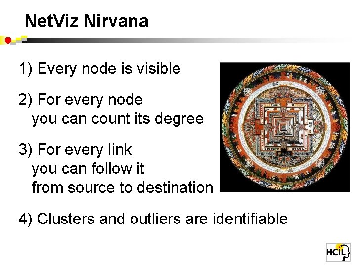 Net. Viz Nirvana 1) Every node is visible 2) For every node you can