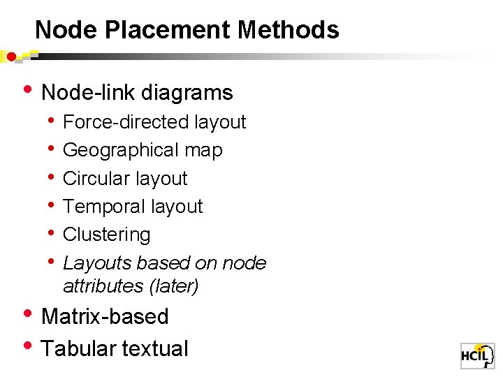 Node Placement Methods • Node-link diagrams • • • Force-directed layout Geographical map Circular