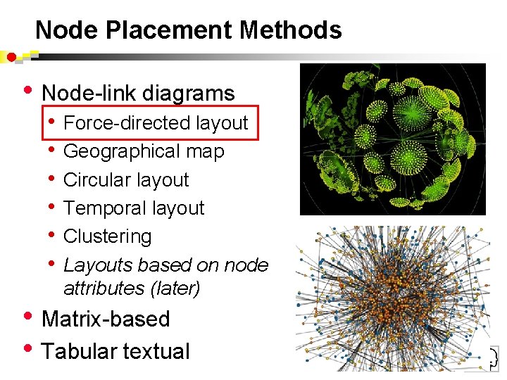 Node Placement Methods • Node-link diagrams • • • Force-directed layout Geographical map Circular