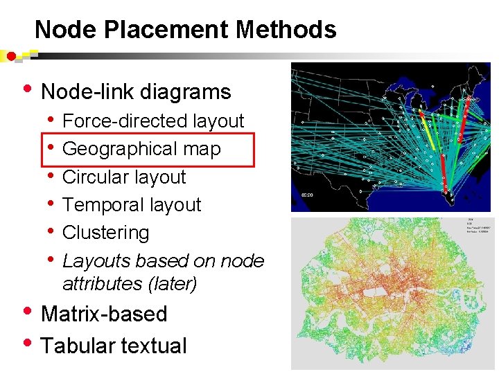 Node Placement Methods • Node-link diagrams • • • Force-directed layout Geographical map Circular