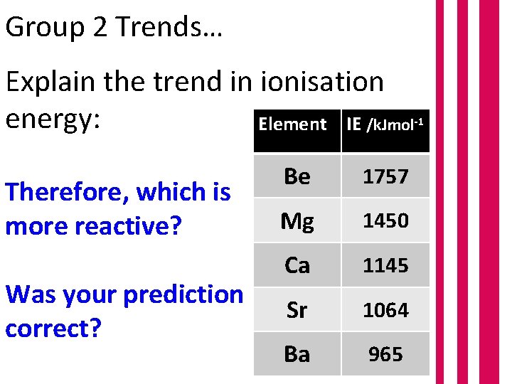 Group 2 Trends… Explain the trend in ionisation energy: Element IE /k. Jmol Therefore,