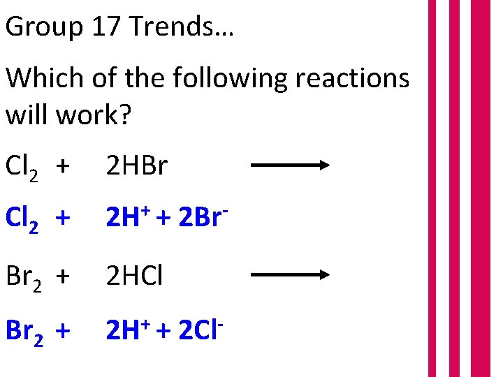 Group 17 Trends… Which of the following reactions will work? Cl 2 + 2