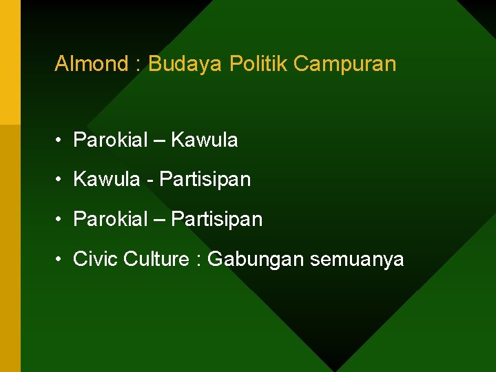 Almond : Budaya Politik Campuran • Parokial – Kawula • Kawula - Partisipan • Almond : Budaya Politik Campuran • Parokial – Kawula • Kawula - Partisipan •