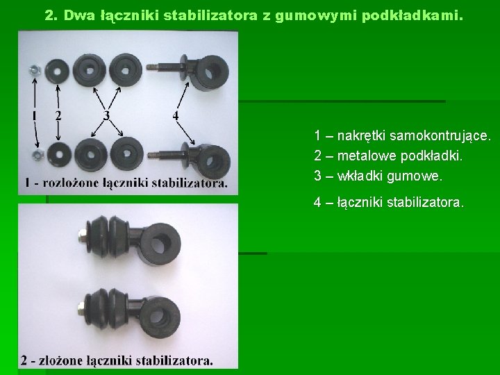 2. Dwa łączniki stabilizatora z gumowymi podkładkami. 1 – nakrętki samokontrujące. 2 – metalowe