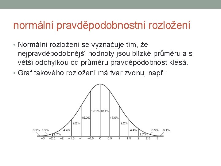 normální pravděpodobnostní rozložení • Normální rozložení se vyznačuje tím, že nejpravděpodobnější hodnoty jsou blízké