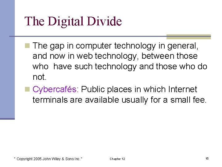 The Digital Divide n The gap in computer technology in general, and now in