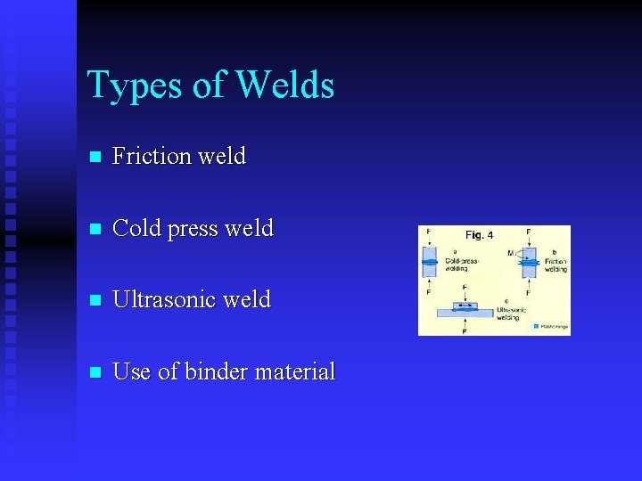 Types of Welds n Friction weld n Cold press weld n Ultrasonic weld n
