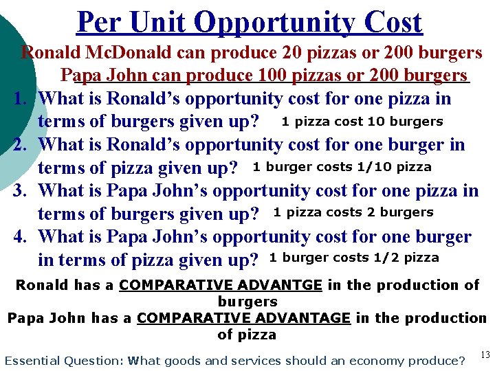 Per Unit Opportunity Cost Ronald Mc. Donald can produce 20 pizzas or 200 burgers