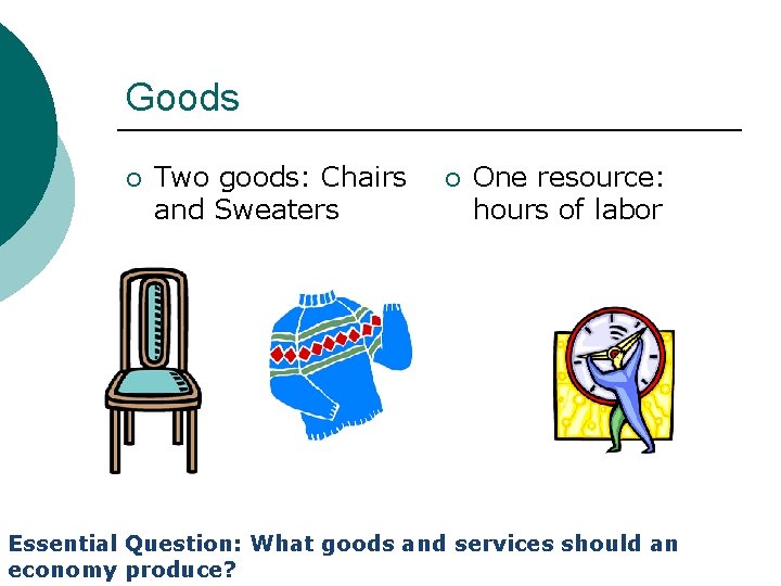 Goods ¡ Two goods: Chairs and Sweaters ¡ One resource: hours of labor Essential