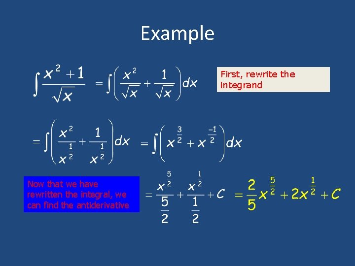 Example First, rewrite the integrand Now that we have rewritten the integral, we can