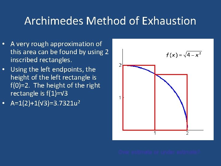 Archimedes Method of Exhaustion • A very rough approximation of this area can be