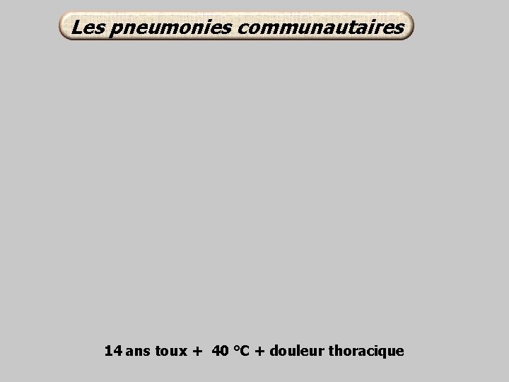 Les pneumonies communautaires 14 ans toux + 40 °C + douleur thoracique 