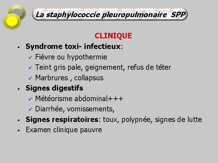 La staphylococcie pleuropulmonaire SPP § § CLINIQUE Syndrome toxi- infectieux: ü Fièvre ou hypothermie