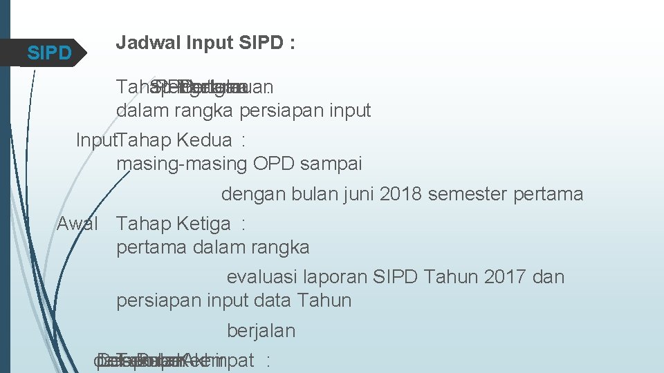 SIPD Jadwal Input SIPD : Tahap Pertama SIPD Pengelola Pertemuan dengan : dalam rangka