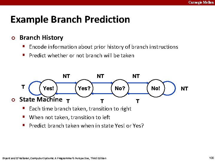 Carnegie Mellon Example Branch Prediction ¢ Branch History § Encode information about prior history