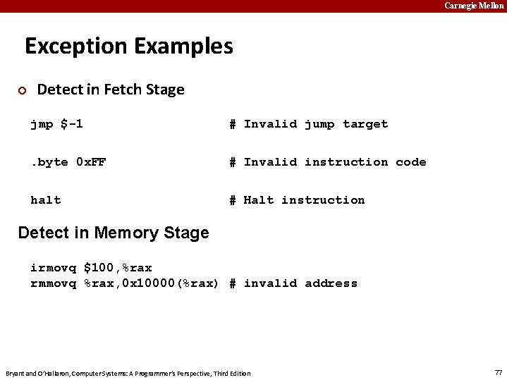 Carnegie Mellon Exception Examples ¢ Detect in Fetch Stage jmp $-1 # Invalid jump