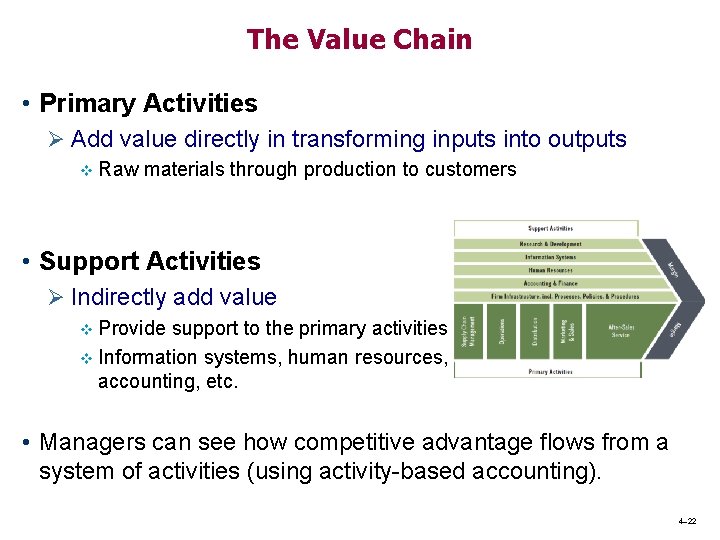 The Value Chain • Primary Activities Ø Add value directly in transforming inputs into