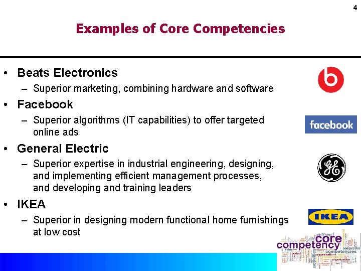 4 Examples of Core Competencies • Beats Electronics – Superior marketing, combining hardware and