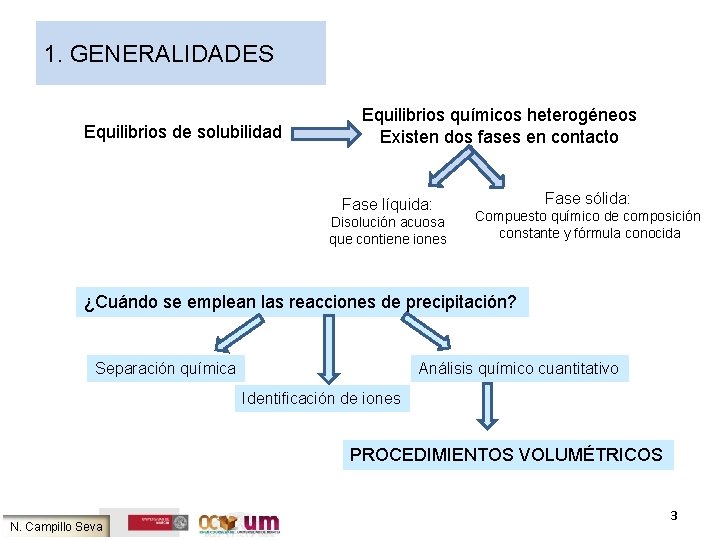 1. GENERALIDADES Equilibrios de solubilidad Equilibrios químicos heterogéneos Existen dos fases en contacto Fase