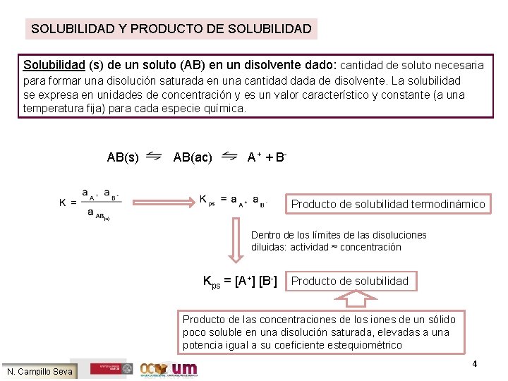 SOLUBILIDAD Y PRODUCTO DE SOLUBILIDAD Solubilidad (s) de un soluto (AB) en un disolvente