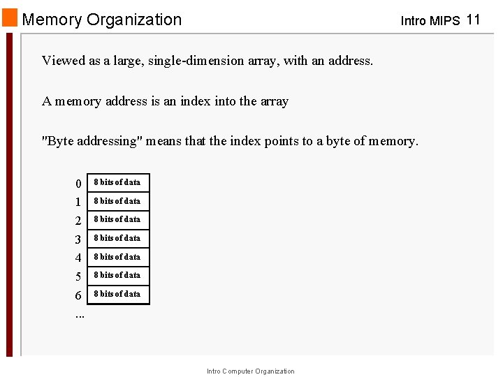 Memory Organization Intro MIPS 11 Viewed as a large, single-dimension array, with an address.
