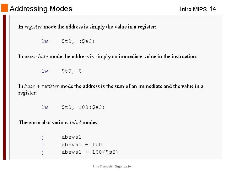 Addressing Modes Intro MIPS 14 In register mode the address is simply the value