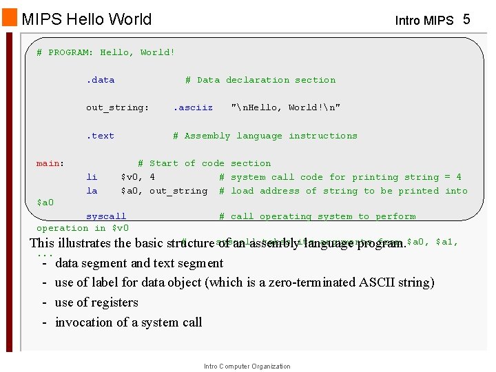MIPS Hello World Intro MIPS 5 # PROGRAM: Hello, World!. data # Data declaration