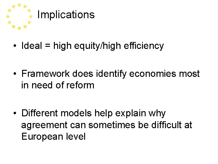 Implications • Ideal = high equity/high efficiency • Framework does identify economies most in