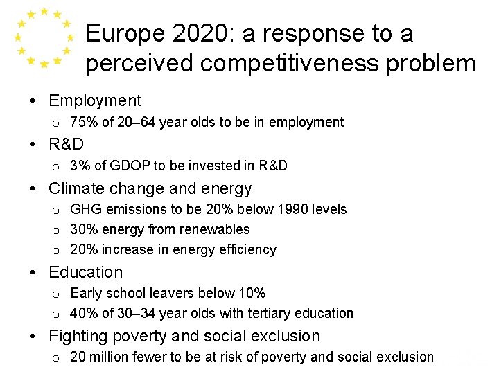 Europe 2020: a response to a perceived competitiveness problem • Employment o 75% of