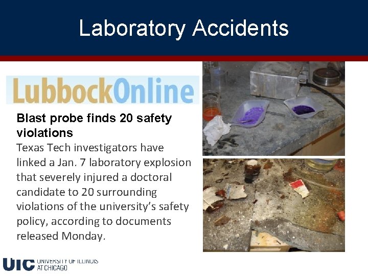 Laboratory Accidents Blast probe finds 20 safety violations Texas Tech investigators have linked a