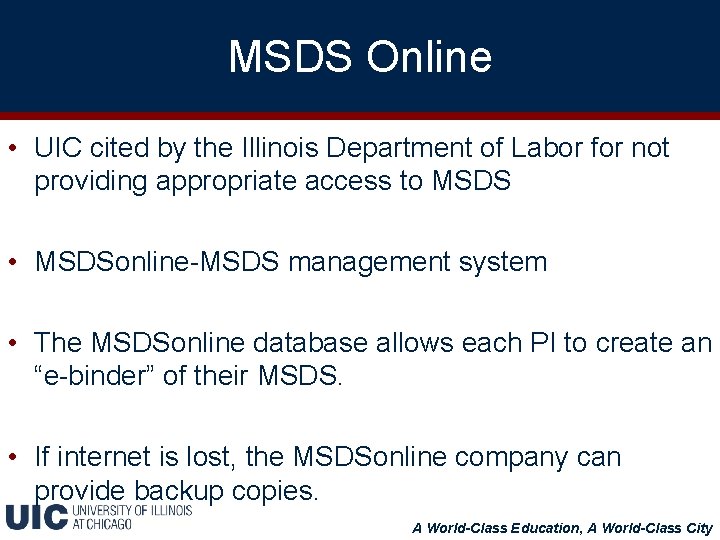 MSDS Online • UIC cited by the Illinois Department of Labor for not providing