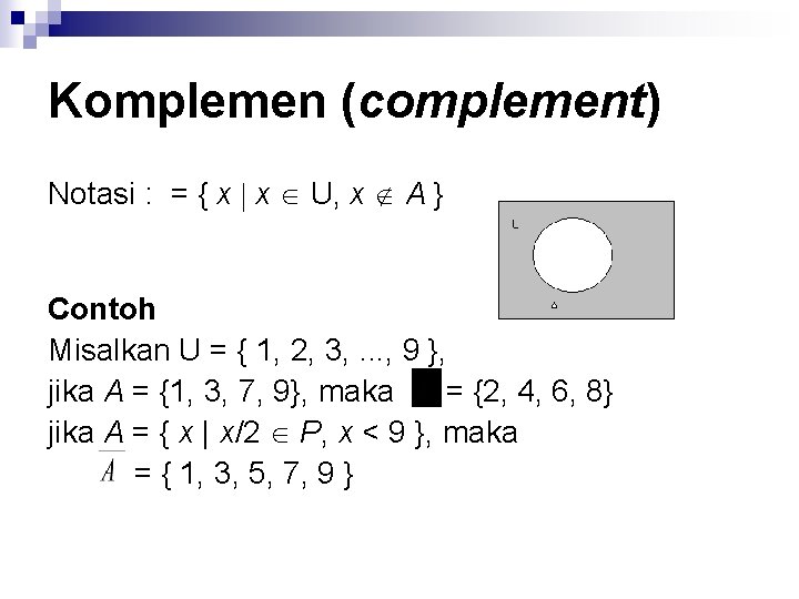 Komplemen (complement) Notasi : = { x x U, x A } Contoh Misalkan