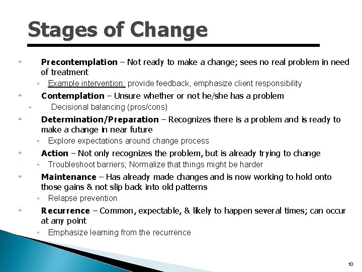 Stages of Change Precontemplation – Not ready to make a change; sees no real