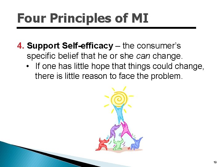 Four Principles of MI 4. Support Self-efficacy – the consumer’s specific belief that he