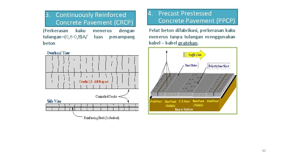 3. Continuously Reinforced Concrete Pavement (CRCP) 4. Precast Prestessed Concrete Pavement (PPCP) (Perkerasan kaku