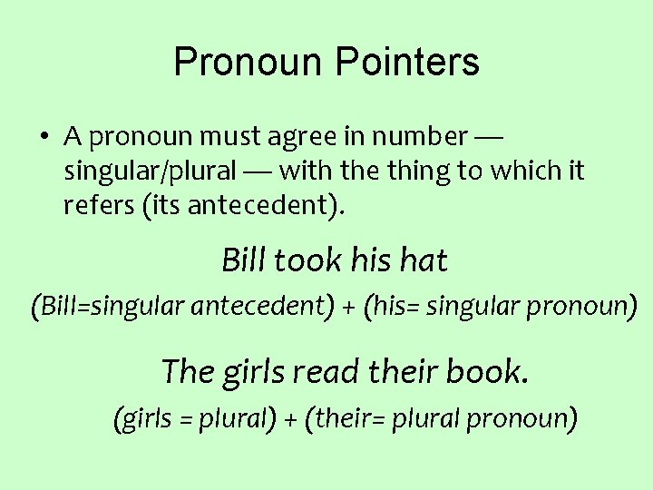 Pronoun Pointers • A pronoun must agree in number — singular/plural — with the