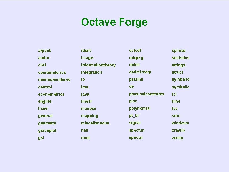 Octave Forge arpack ident octcdf splines audio image odepkg statistics civil informationtheory optim strings