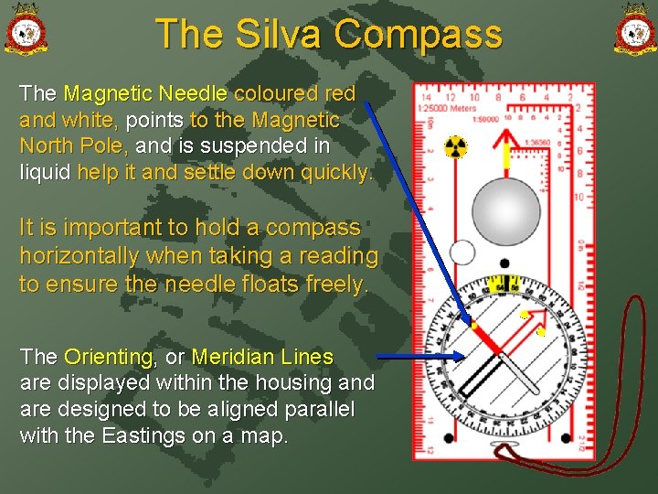 The Silva Compass The Magnetic Needle coloured and white, points to the Magnetic North