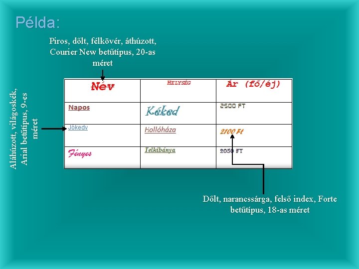 Példa: Aláhúzott, világoskék, Arial betűtípus, 9 -es méret Piros, dőlt, félkövér, áthúzott, Courier New