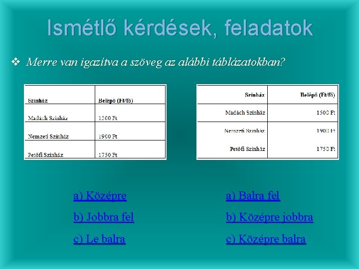 Ismétlő kérdések, feladatok v Merre van igazítva a szöveg az alábbi táblázatokban? a) Középre