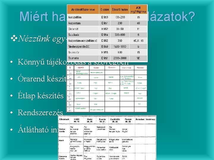 Miért hasznosak a táblázatok? v. Nézzünk egy-két példát! • Könnyű tájékozódás a szövegben •