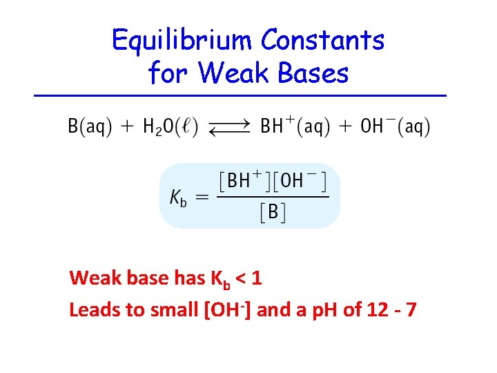 Equilibrium Constants for Weak Bases Weak base has Kb < 1 Leads to small