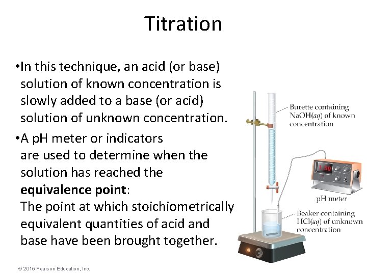 Titration • In this technique, an acid (or base) solution of known concentration is
