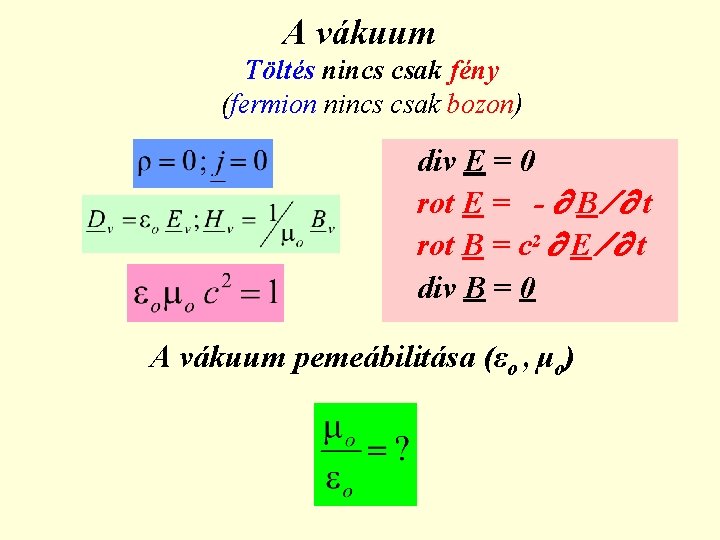 A vákuum Töltés nincs csak fény (fermion nincs csak bozon) div E = 0