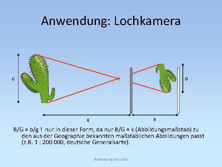 Anwendung: Lochkamera G B g b B/G = b/g ! nur in dieser Form,